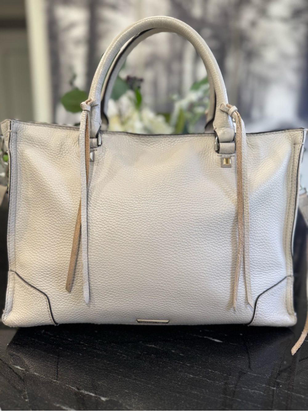 🩶Rebecca Minkoff Regan Pebbled Leather Satchel Crossbody Bag Light Gray Cement